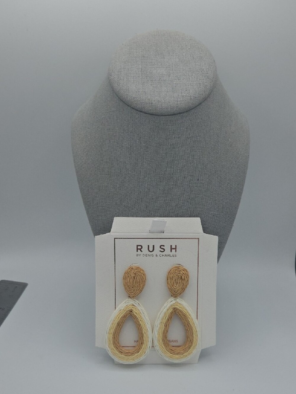 5 for $25! RUSH by Denis & Charles Teardrop Straw Drop Earrings - Beige & Cream - Picture 2 of 5